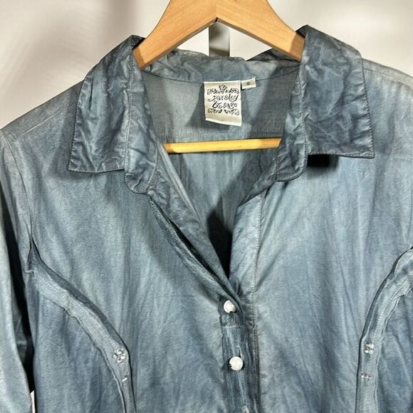 PARSLEY & SAGE Women's Cotton Embroidered Ruffle Button Down Shirt Blue Small - Picture 3 of 15